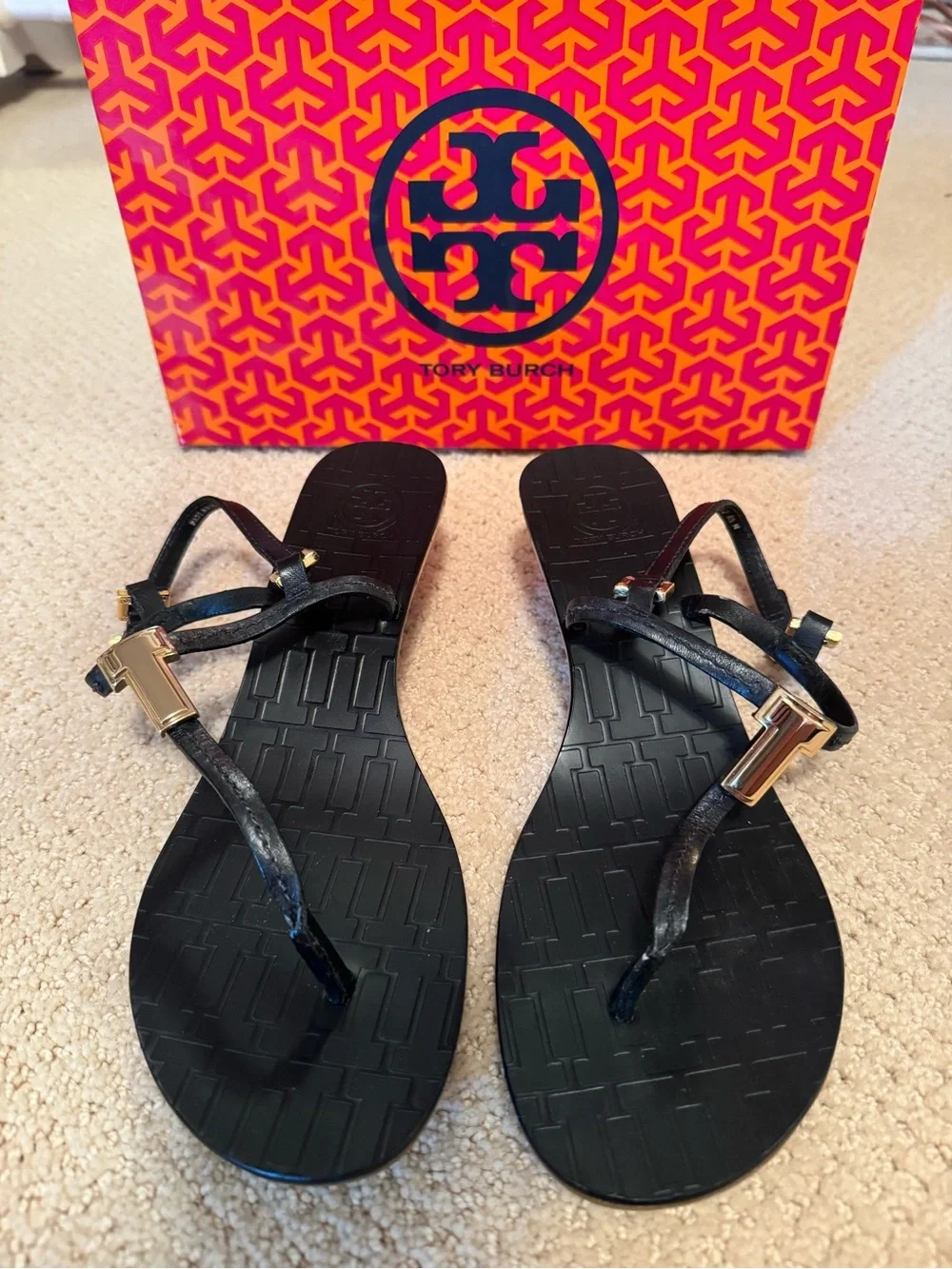Tory Burch Black Sandals with Cork Platform and Gold Hardware Size 8.5
